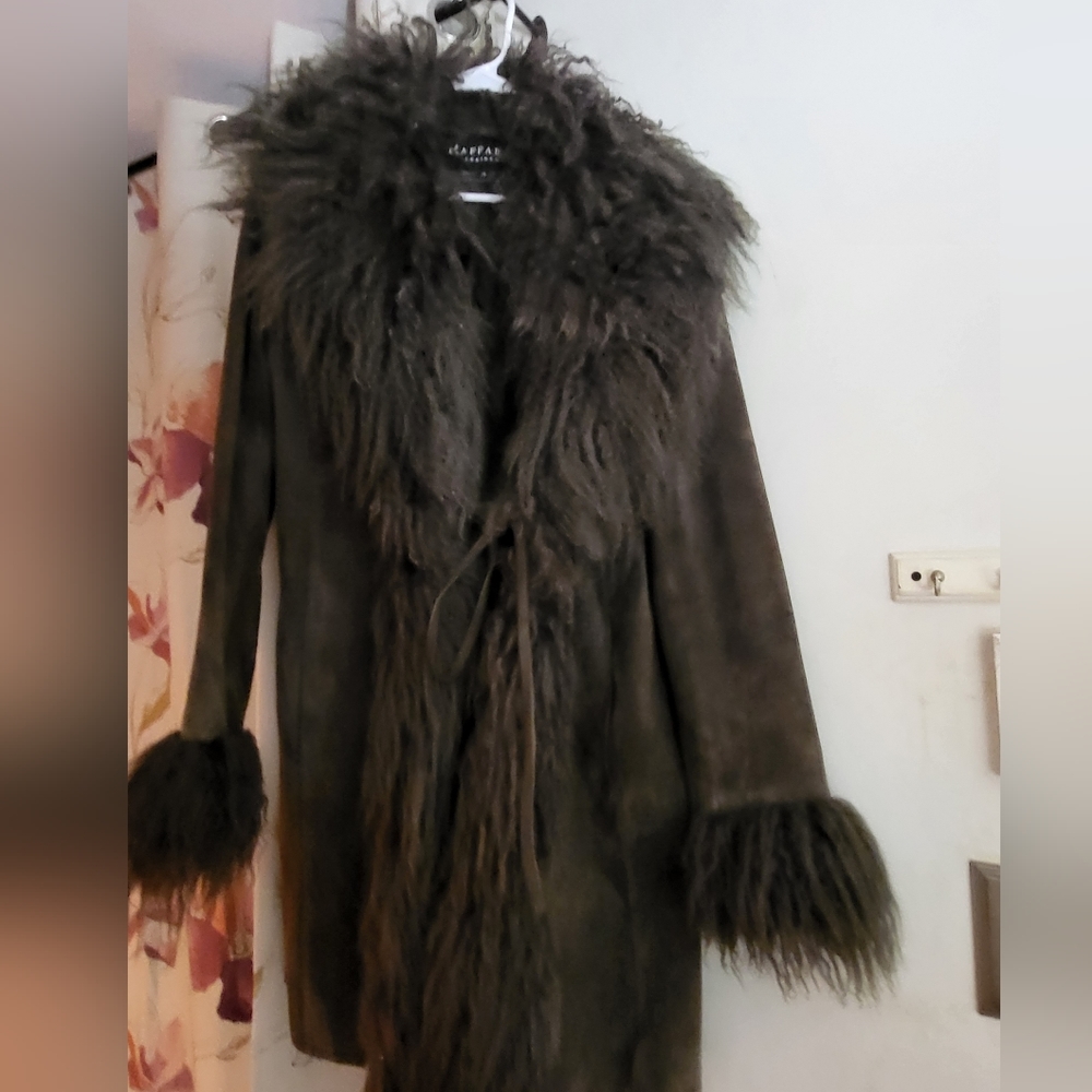 Vintage Raffaelo "Penny Lane" brown suede coat with mongolian sheep fur